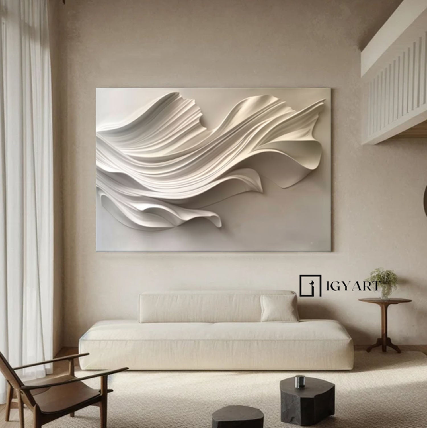 Wood carving wall art Beige Sculptured art Beige 3D Textured Wall Art