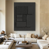 Black Sculptural Wall Art Wood Wall Sculpture Plaster Painting Black Texture 3D Wall Art 