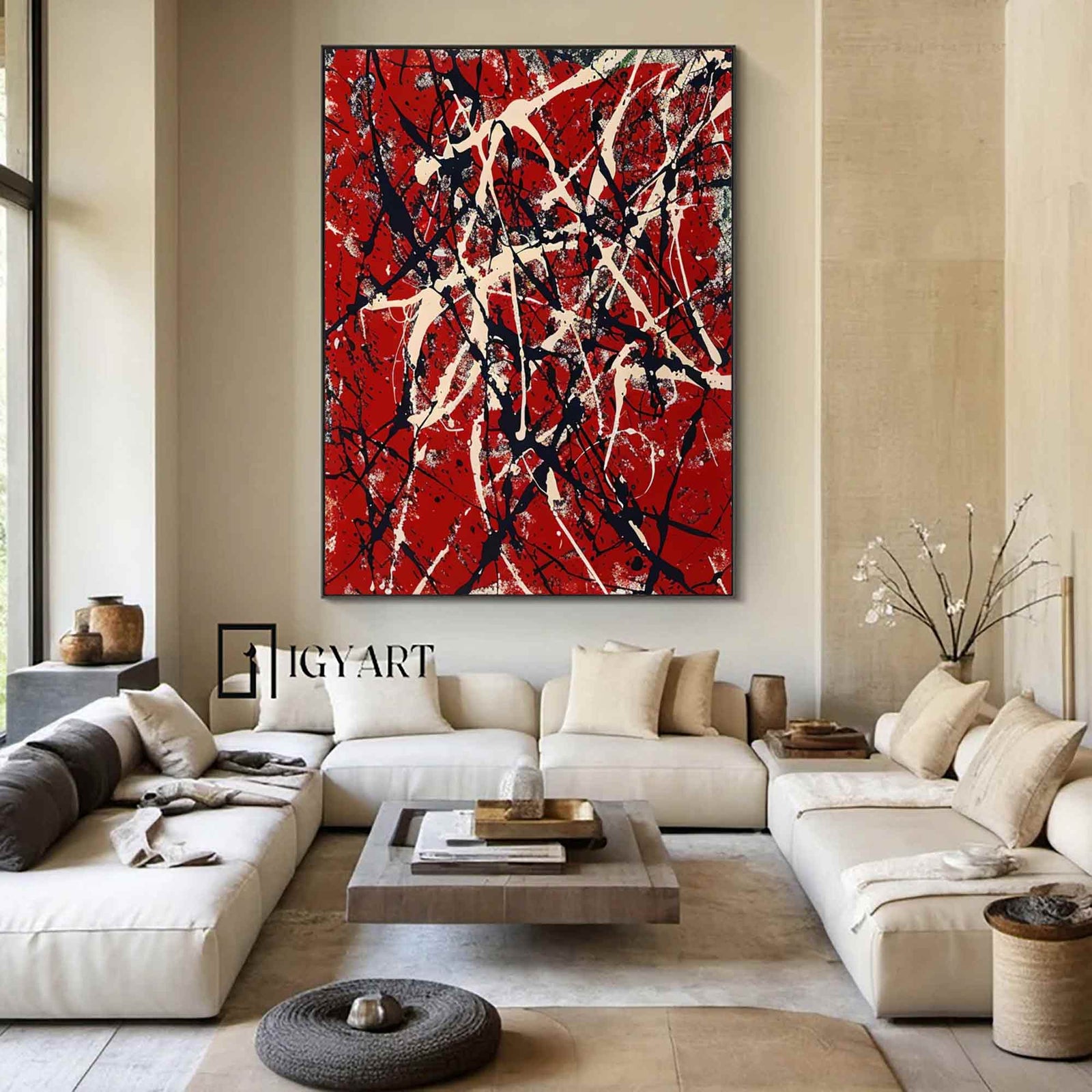 Jackson Pollock Style Paintings On Bright Red Canvas Modern