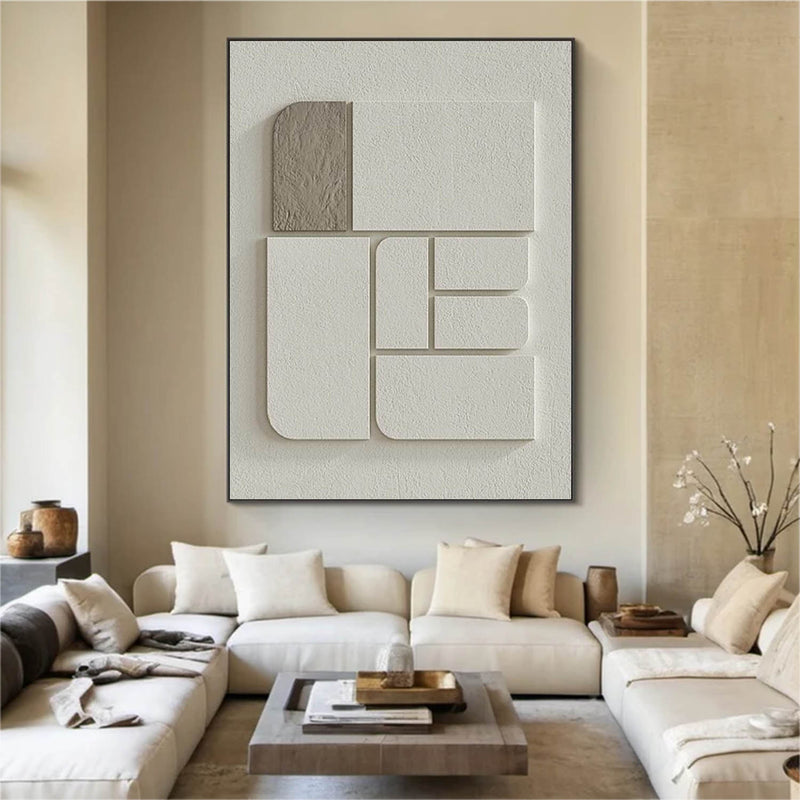 Cream White Sculptural Wall Art Plaster Painting white Texture 3D Wall Art Wood Wall Sculpture