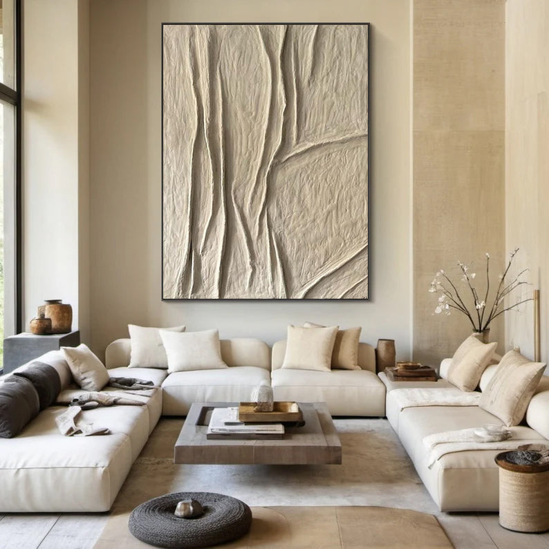 Beige canvas wall art Beige Minimalist Wall Art,Beige 3D Textured Painting,  Large Beige Textured Painting