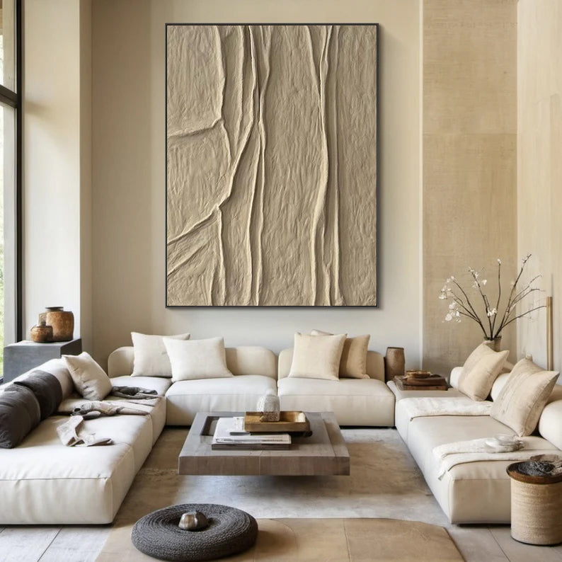 Beige canvas wall art Beige Minimalist Wall Art,Beige 3D Textured Painting,  Large Beige Textured Painting