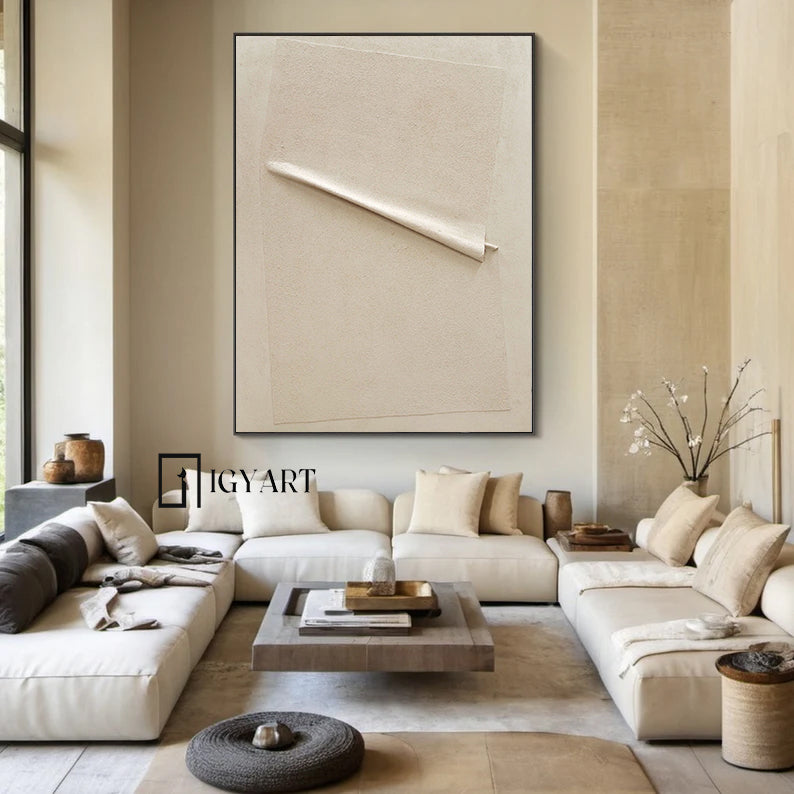 Beige Minimalist Wall Art,Beige 3D Textured Painting,Large Beige Textured Painting