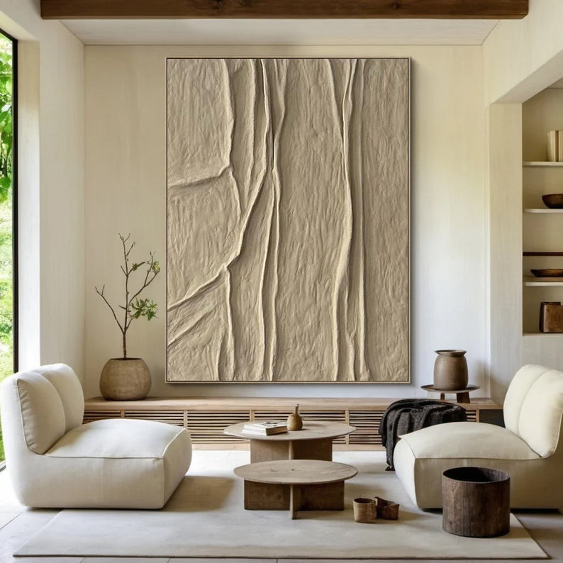 Beige canvas wall art Beige Minimalist Wall Art,Beige 3D Textured Painting,  Large Beige Textured Painting