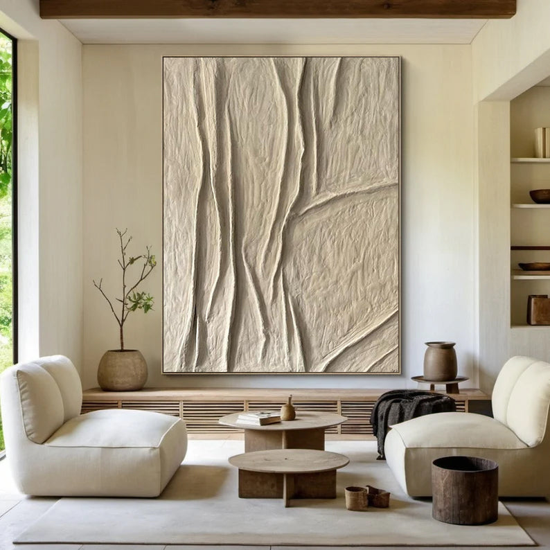 Beige canvas wall art Beige Minimalist Wall Art,Beige 3D Textured Painting,  Large Beige Textured Painting