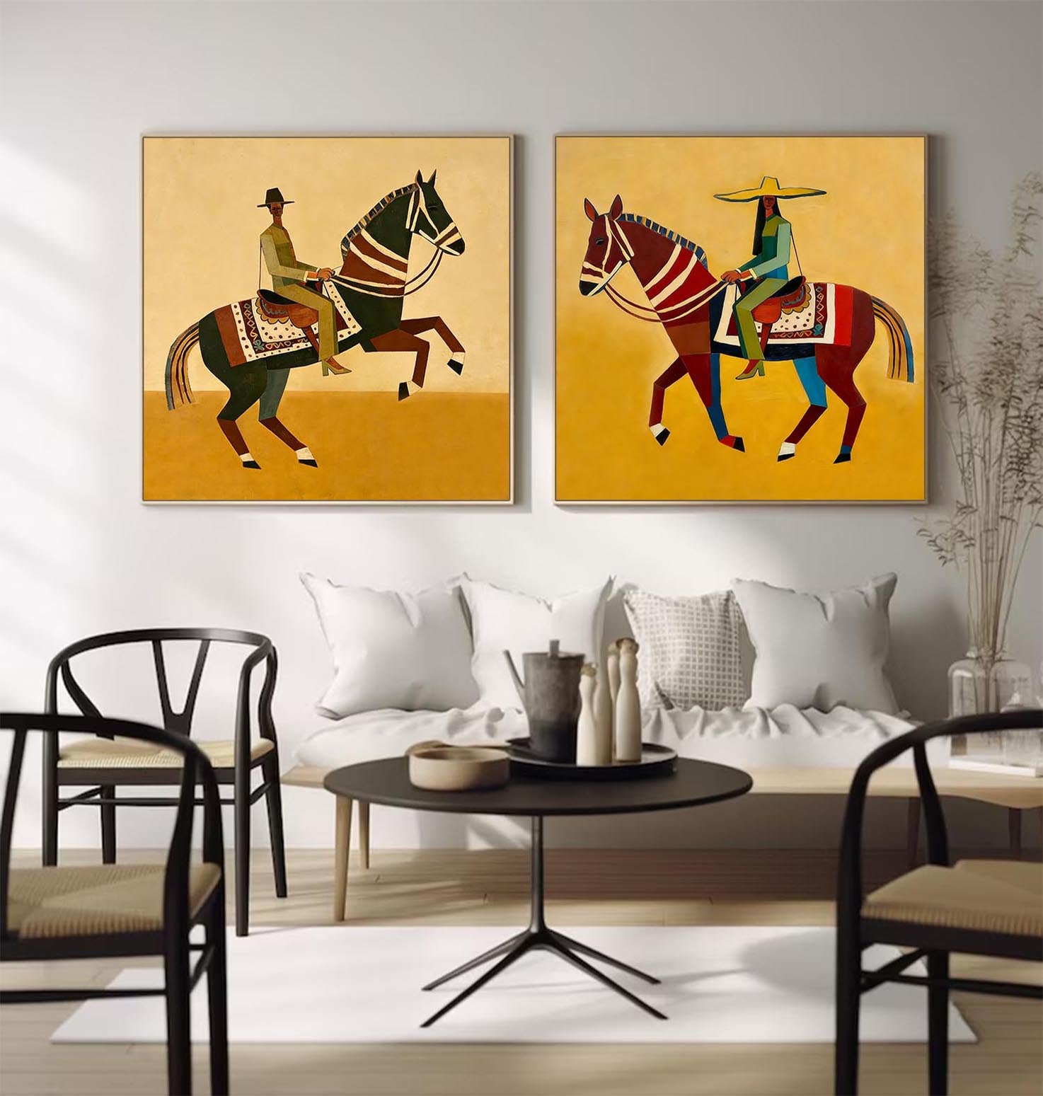 Set of 2 Abstract Colorful Equestrian Wall Art Vibrant Folk Art Horse & Rider Painting