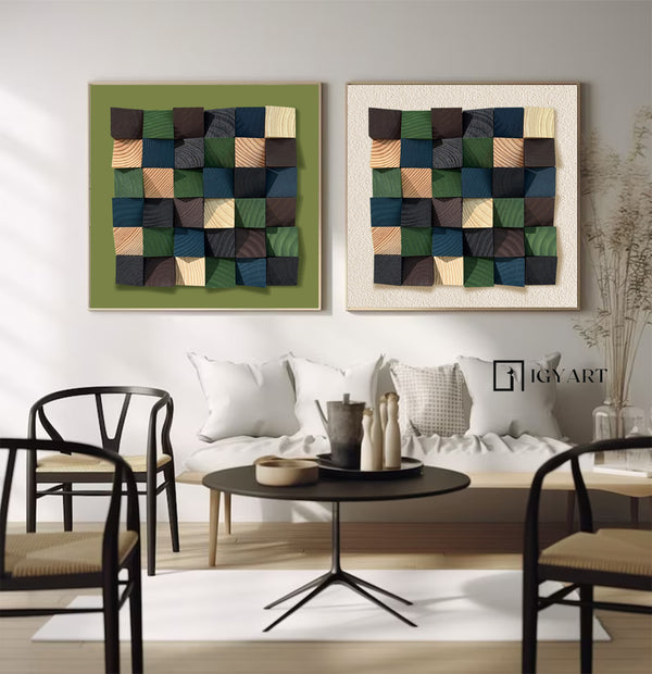 Set of 2 Green wood Textured Art Colorful Set of 2 Wood decor painting