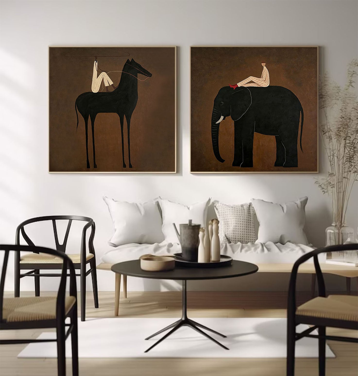Set of 2 Original Hand-Painted Contemporary Wall Decor Modern Horse & Elephant Set Painting