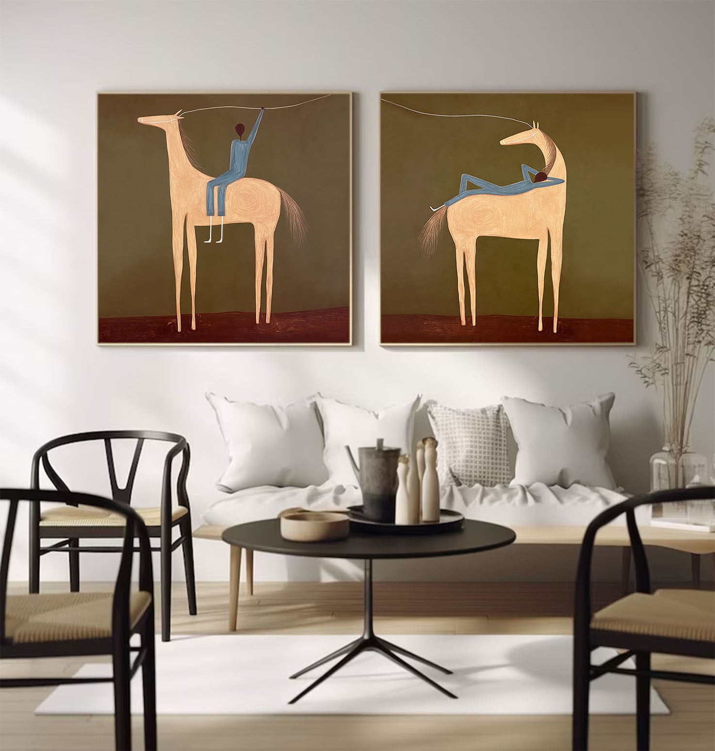 Earthy Tones Hand-Painted Canvas Art - Abstract Equestrian Silhouette for Modern Living Room