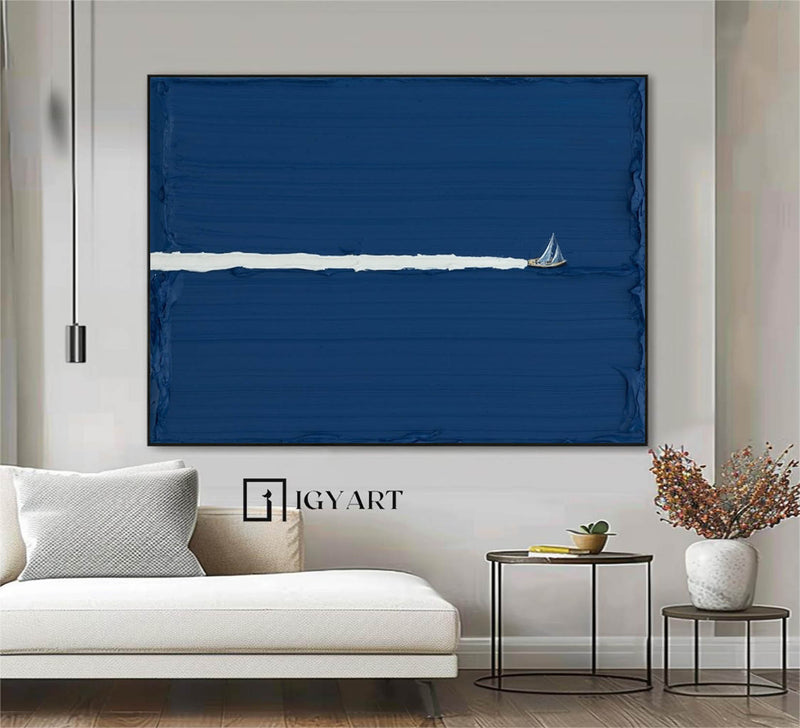 Large blue abstract art Abstract Blue Sailboat Wall Art Blue Sailboat Oil Painting on Canvas Blue Texture Art