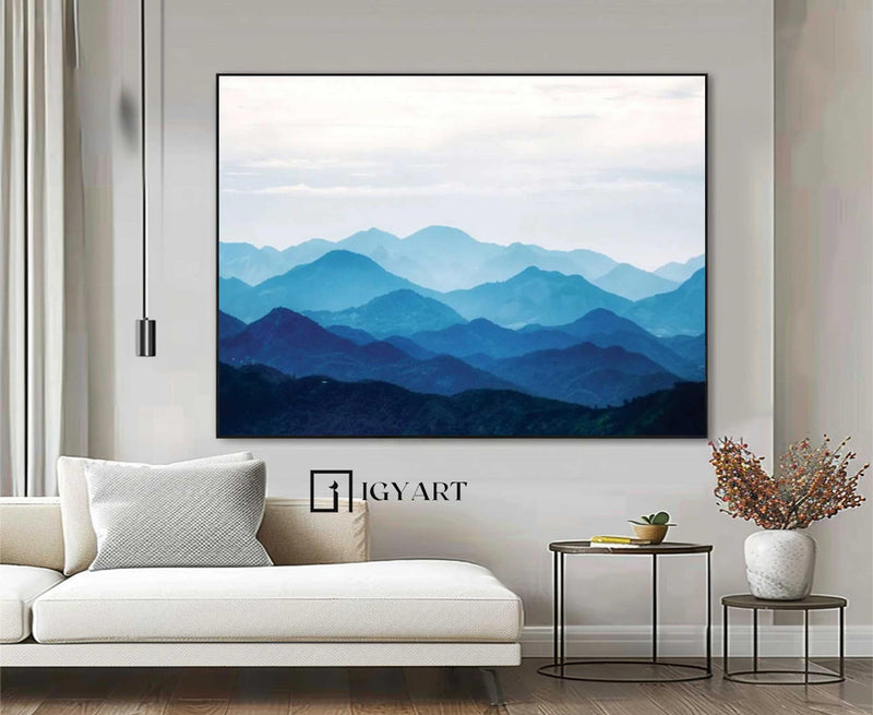 Large mountain painting blue painting of the mountains Large blue abstract art blue mountains artwork