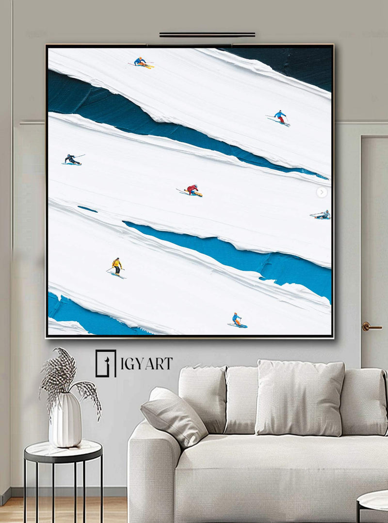 Skier Painting 3D Skiing Sport Art Textured Wall Art Personalized Gift For Skiers White Snowboards Painting 