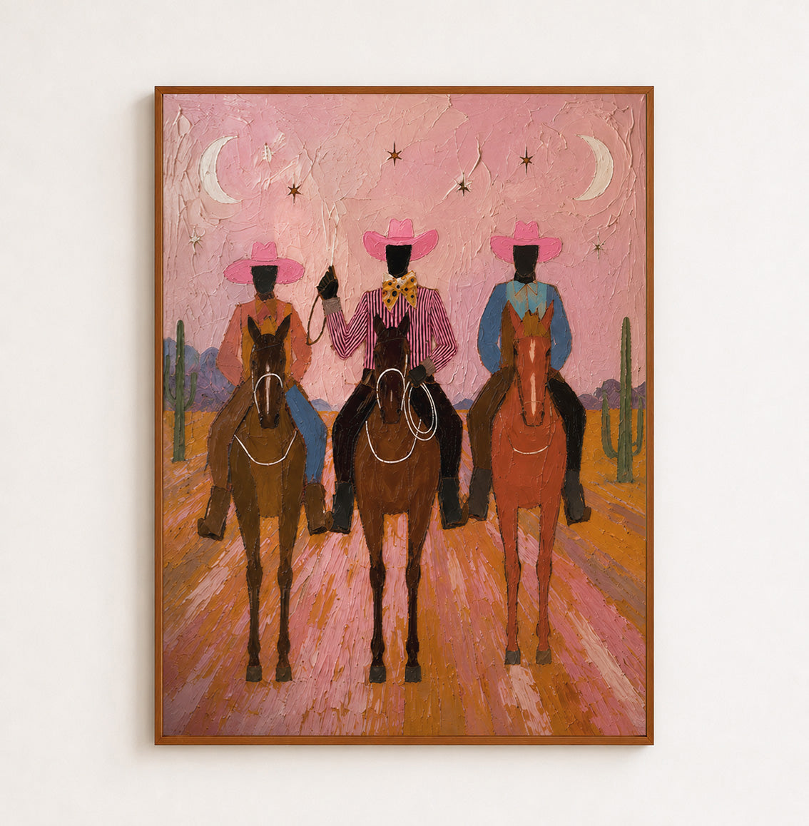 Vintage Pink Desert Cowboy Painting With Moon And Stars For Living Room Wall Decor