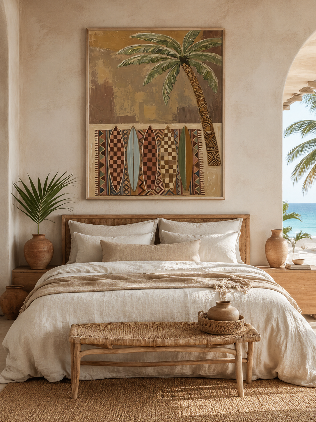 Bohemian Surfboard Painting With Palm Tree For Beach House Living Room Wall Art
