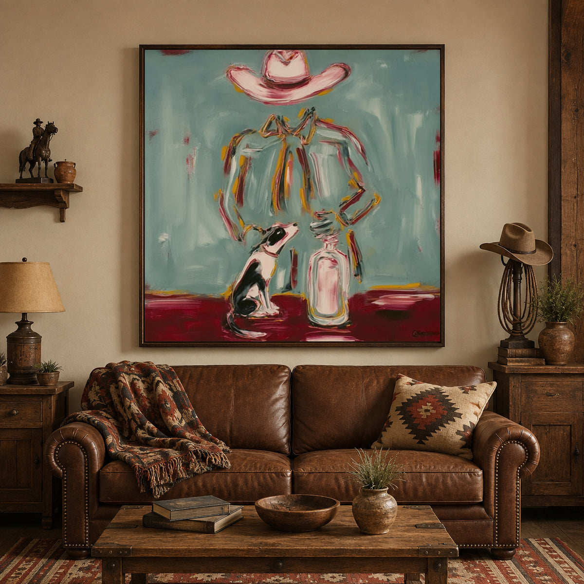 Whimsical Cowboy And Dog Canvas Art, Pink Hat Western Wall Decor, Teal Countryside Painting
