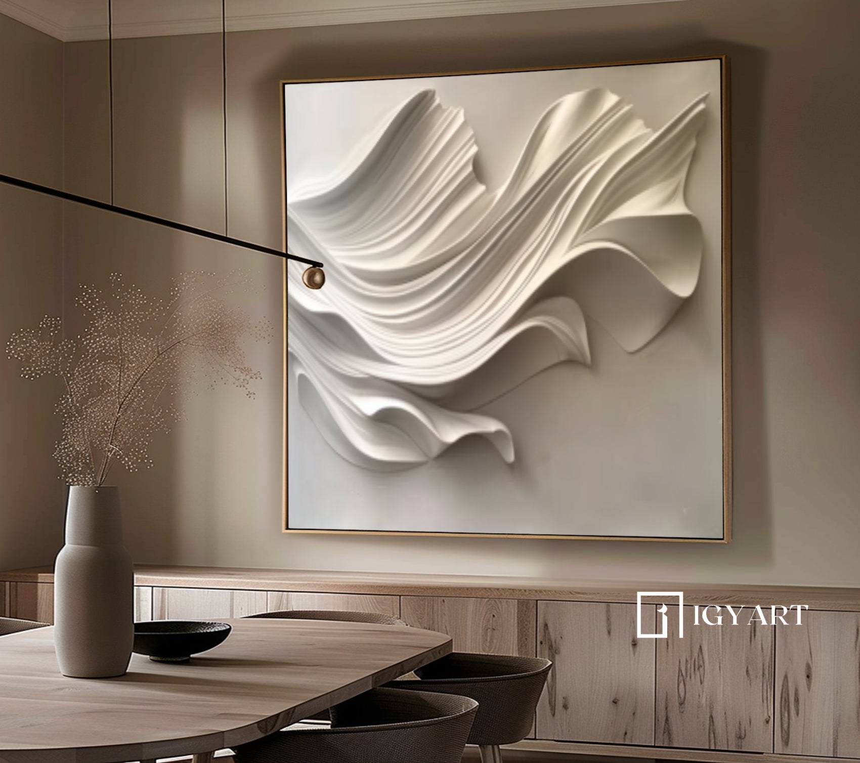 Beige Sculptured art Wood carving wall art 3D Textured Wall Decor 
