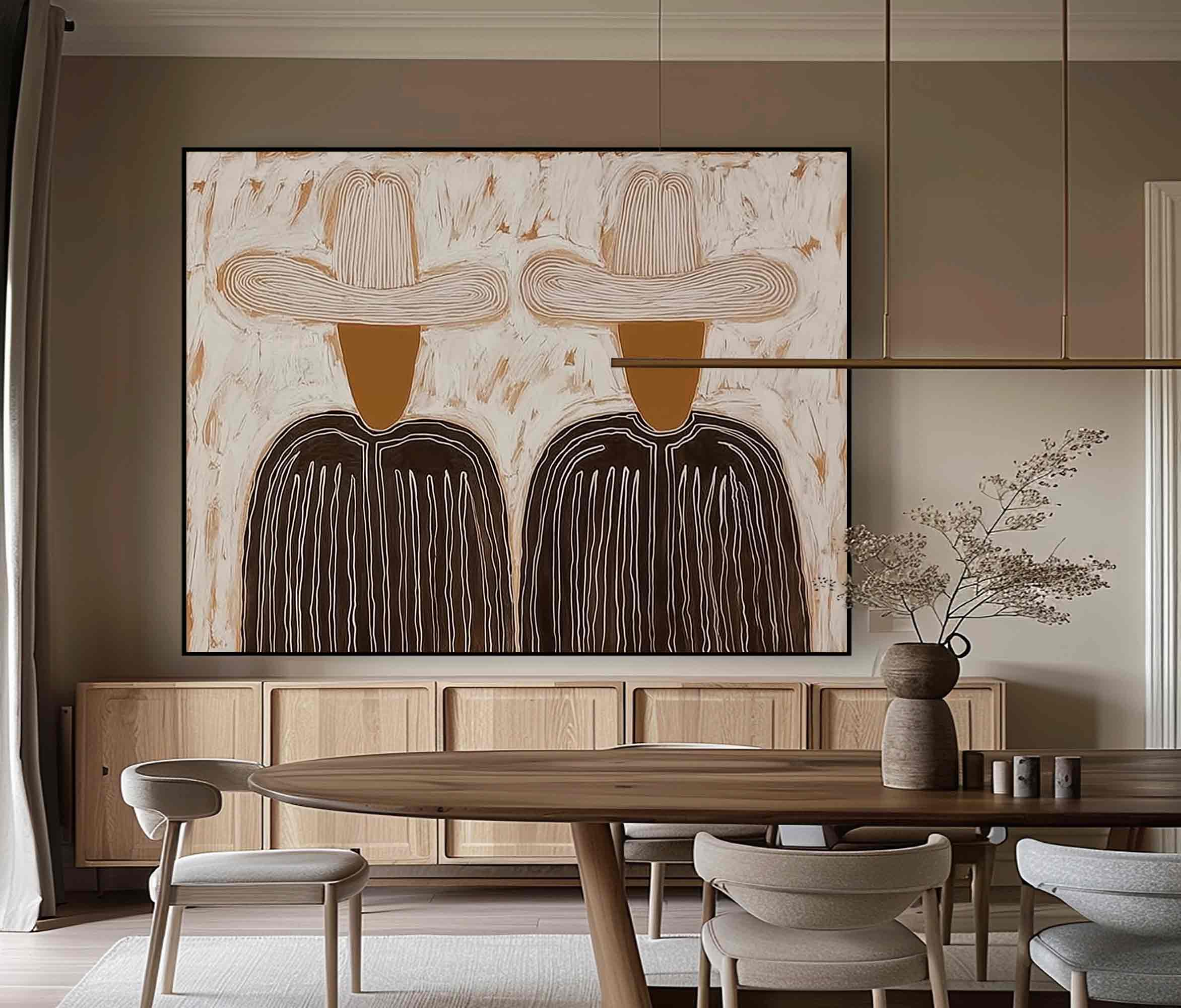 Minimalist character abstract art two cowboys with hats canvas painting