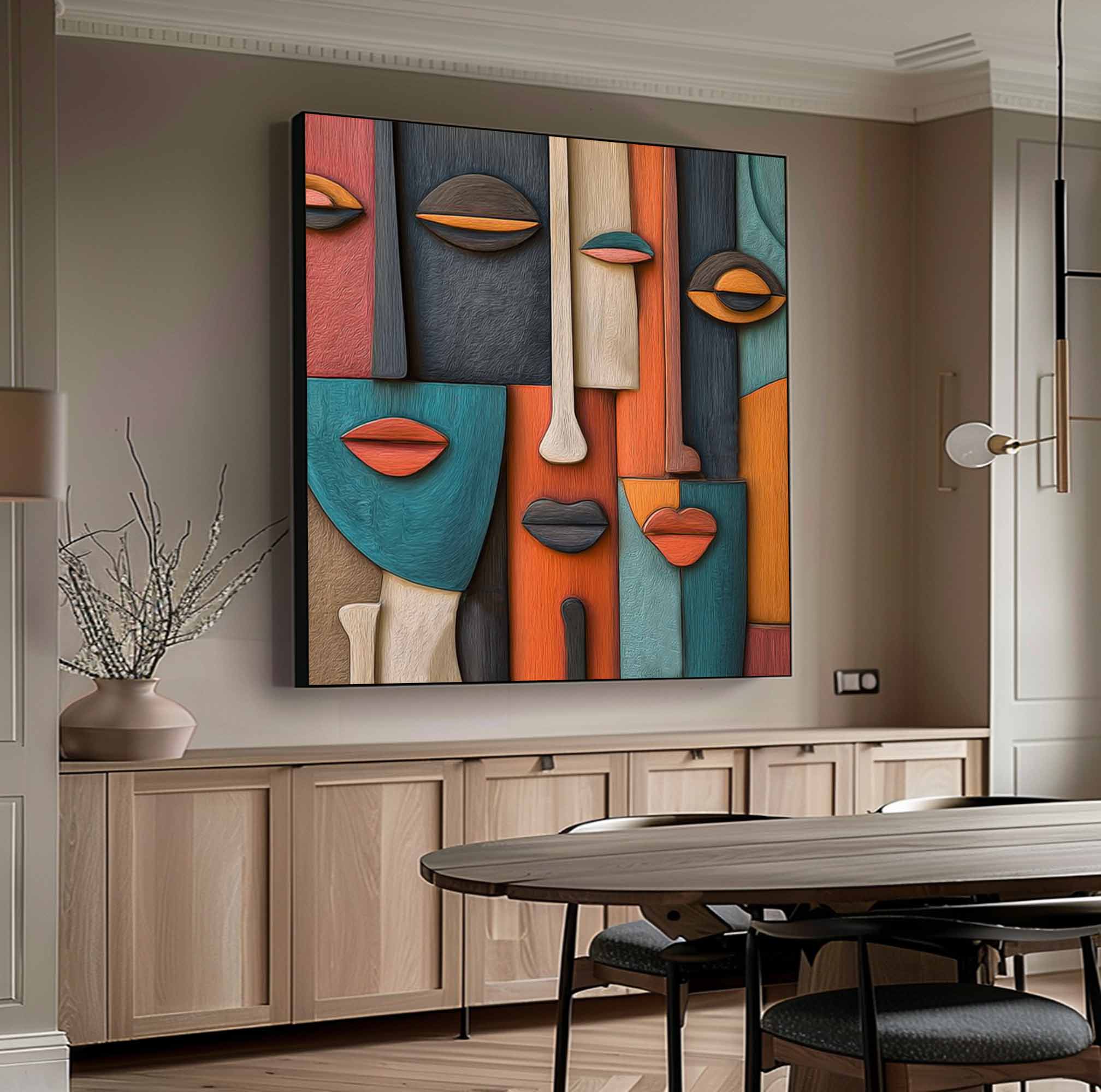 Hand-Painted Wood Carving Wall Art face Abstract 3D Textured Sculpture