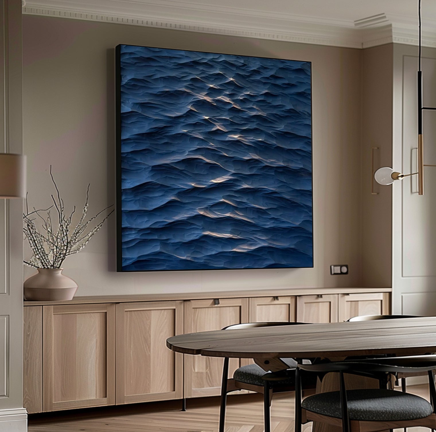 Sculptured wall art Wood carving wall art blue ocean wave texture art 