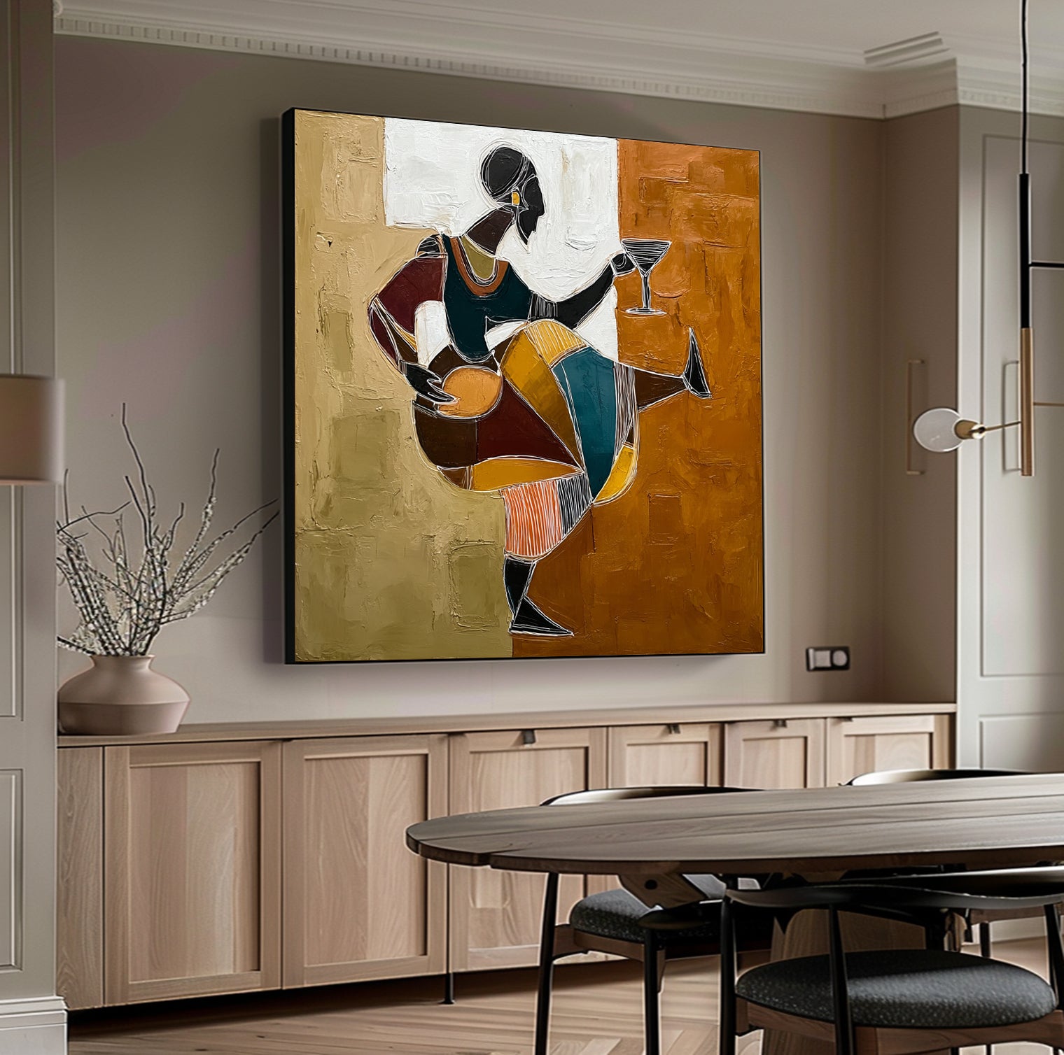 Hand-Painted Tribal Woman with Wine Glass | Modern Geometric Wall Art