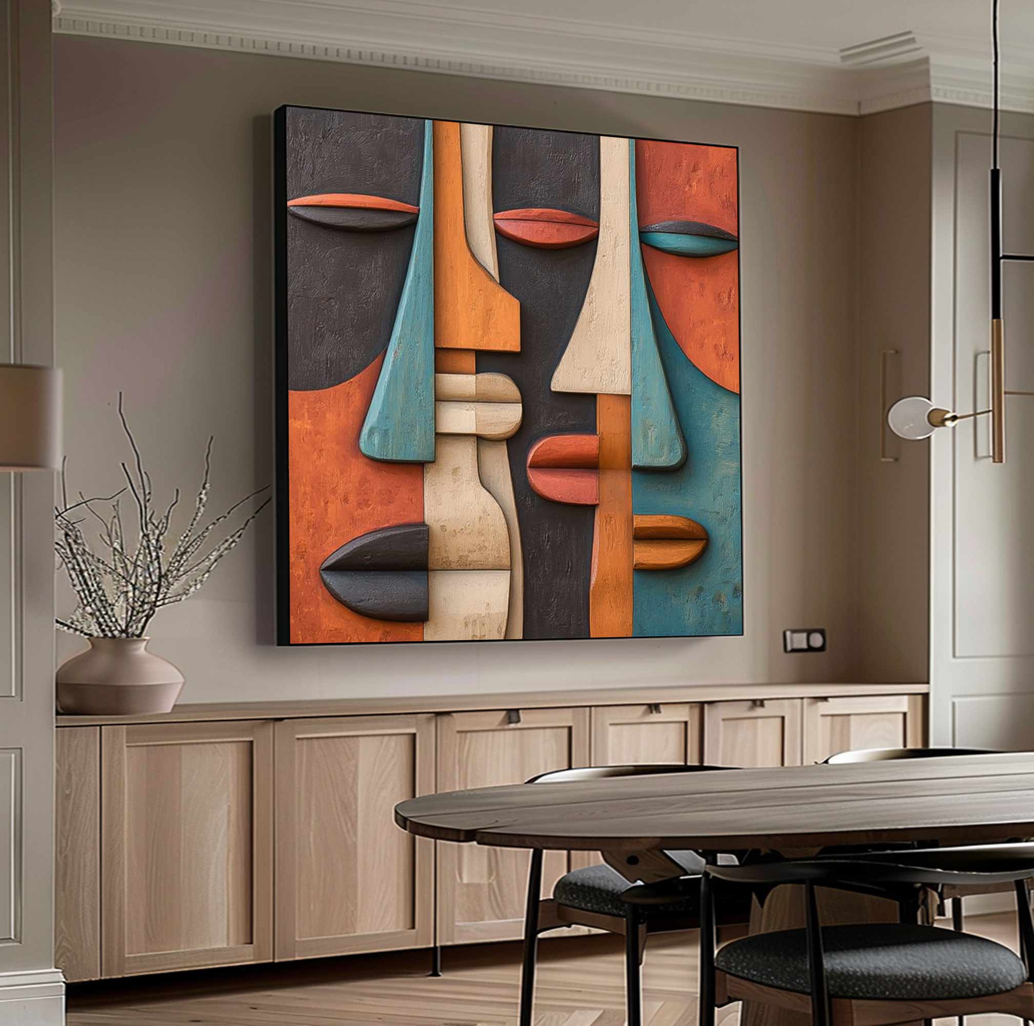 face Abstract 3D Textured Sculpture Hand-Painted Wood Carving Wall Art