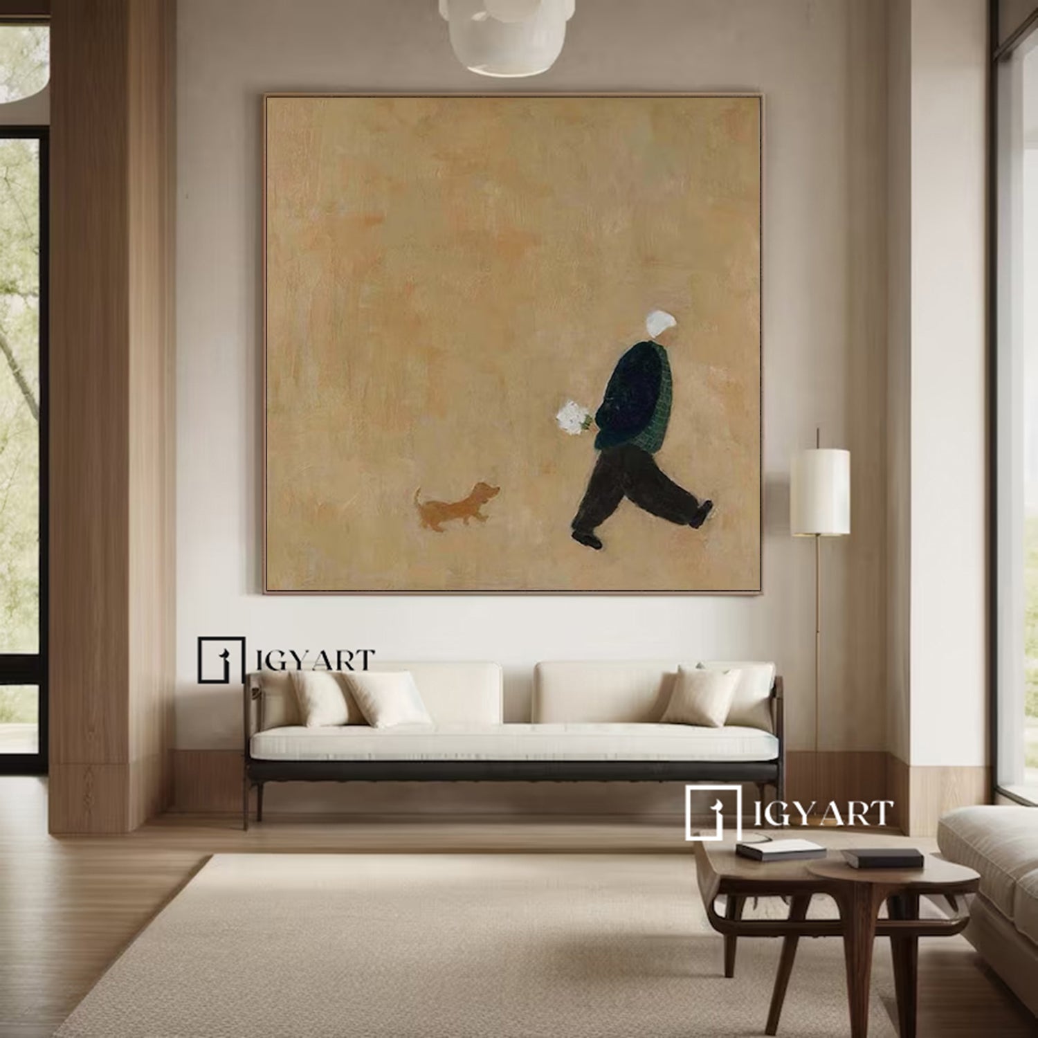 Old man walking with puppy Oil Painting Brown Hand-Painted Canvas Art 