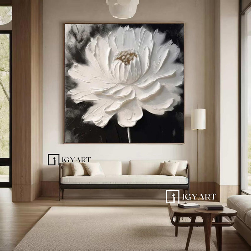 White 3D Texture Flower Painting White Minimalist Floral Painting Boho Living Room Wall Art Daisy Flower Wall Art