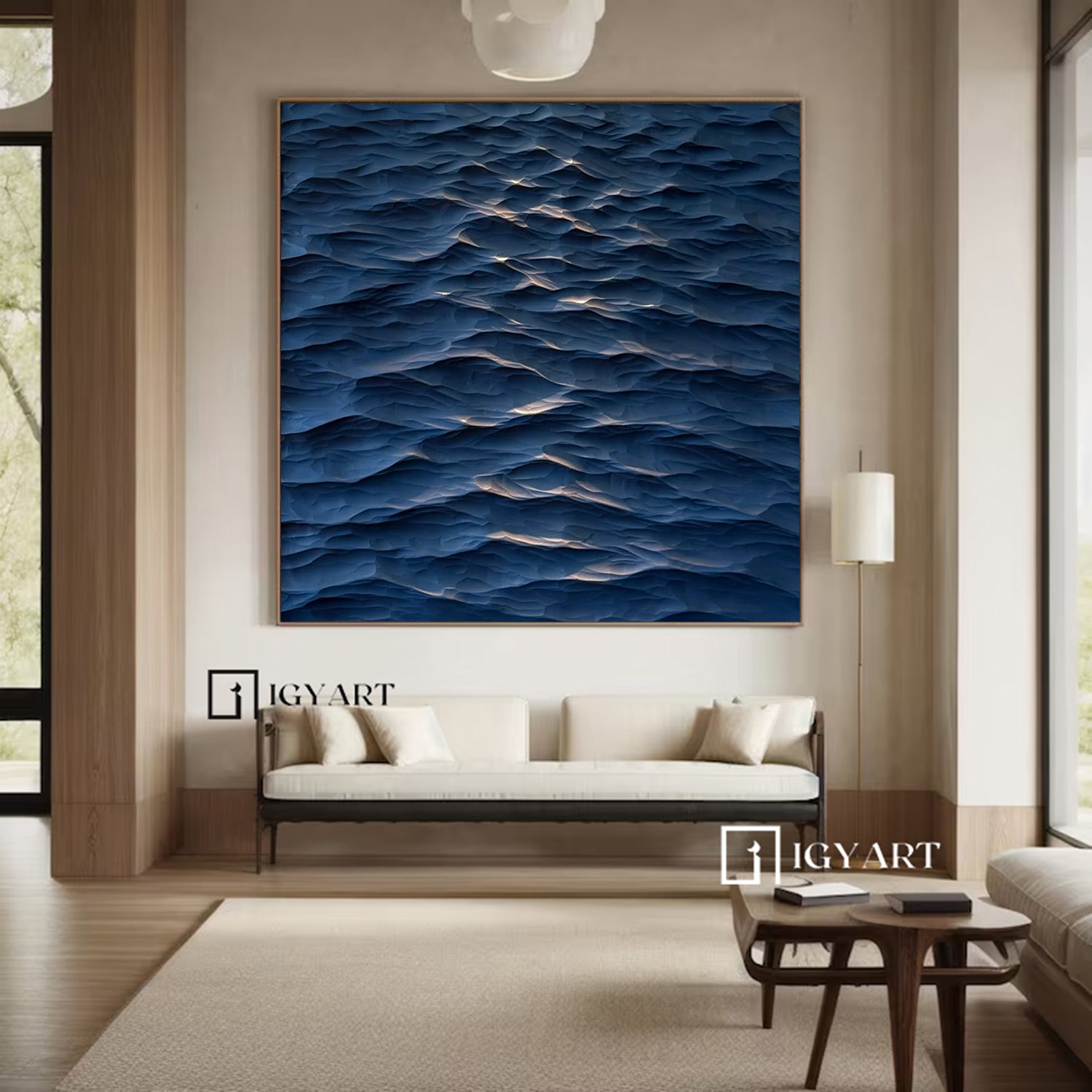 Sculptured wall art Wood carving wall art blue ocean wave texture art 