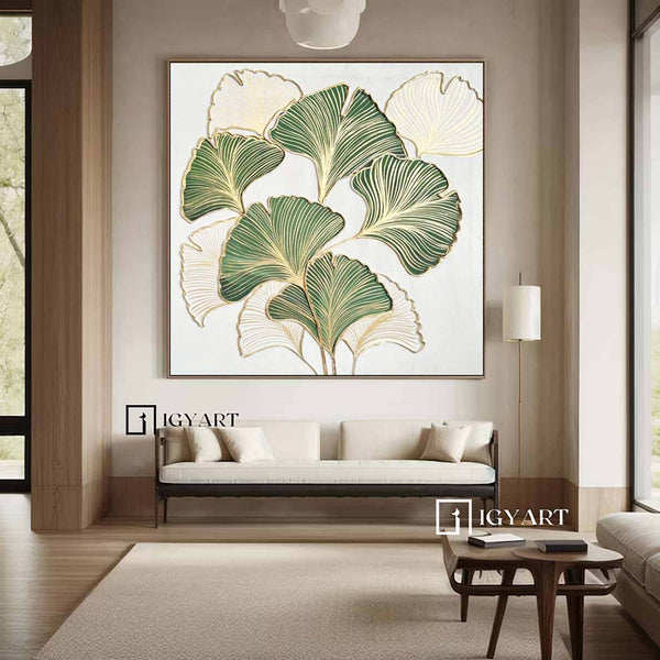 green painting Golden leaf oil painting Green leaf oil painting White and green painting