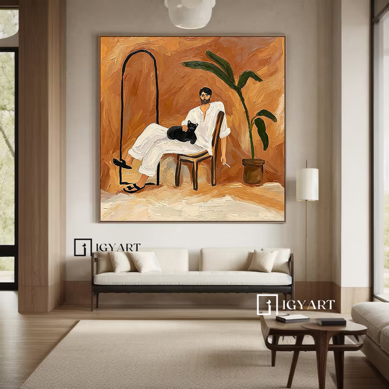 Hand-Painted Portrait Oil Painting - Man with Black Cat, Mid-Century Modern Wall Art