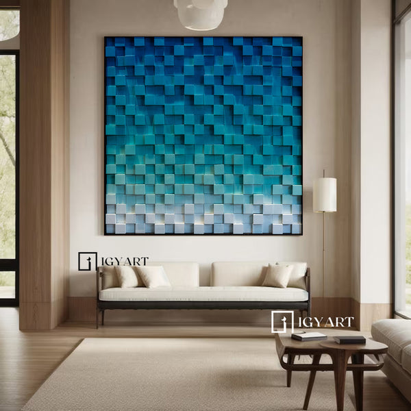Blue Wood wall Decor Wood Block Art Geometric Wood Art Sculptured art