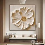 Creamy White 3D Texture Flower Painting Creamy White Minimalist Floral Painting Large 3D White Flower Painting