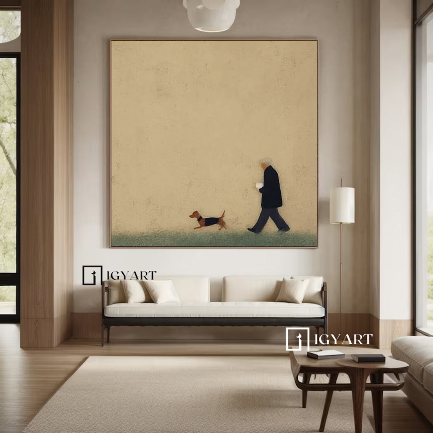 Man and puppy walking Oil Painting Brown Hand-Painted Canvas Art 