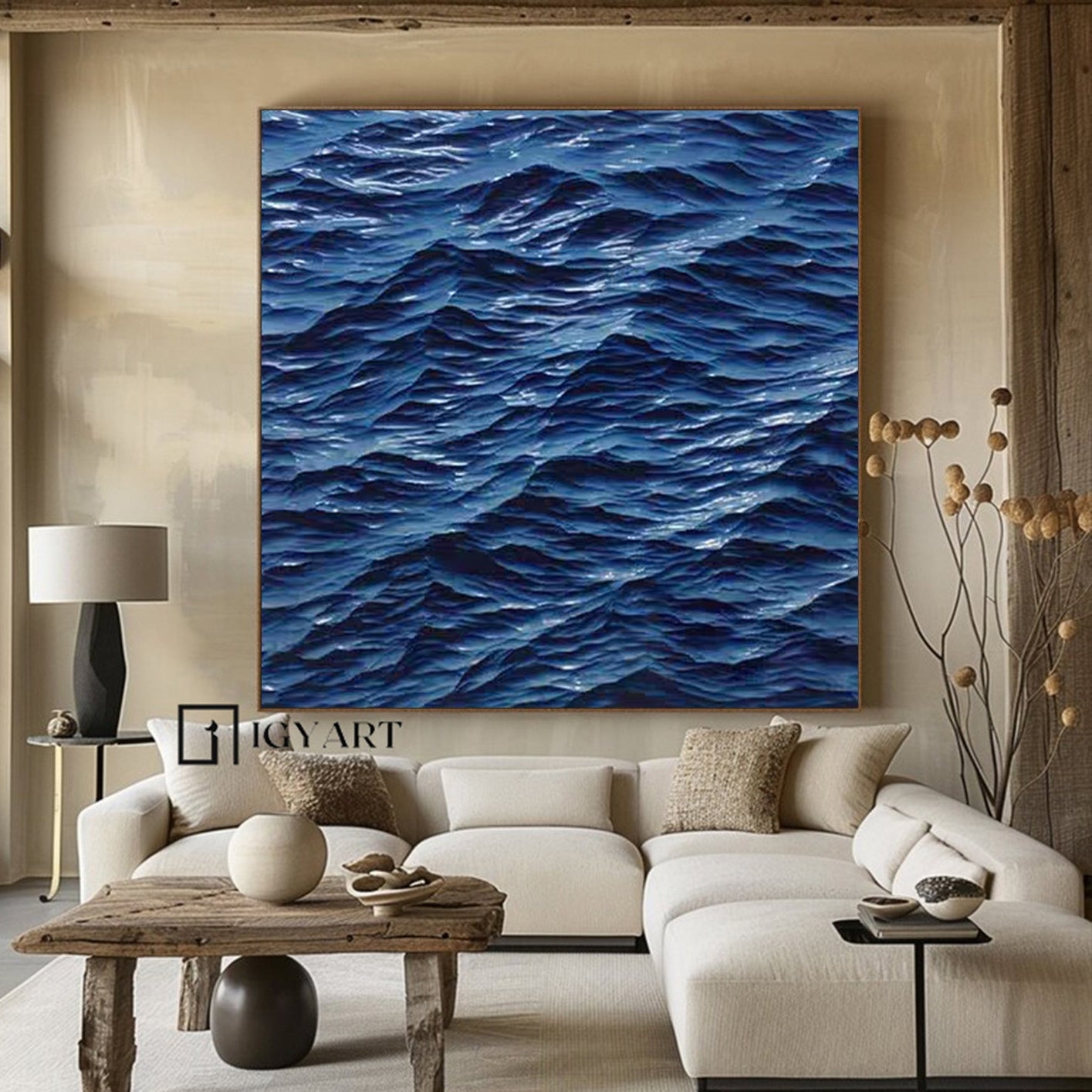 Wood carving wall art Sculptured wall art blue ocean wave texture art