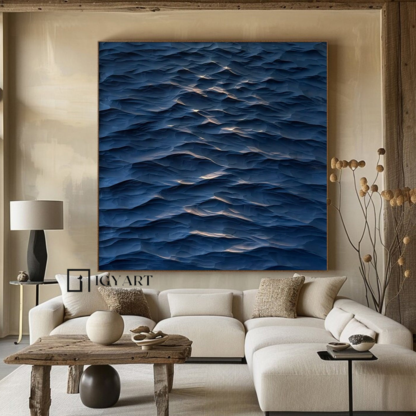 Sculptured wall art Wood carving wall art blue ocean wave texture art 