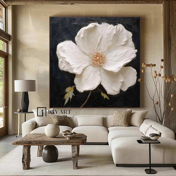 White 3D Texture Flower Painting White Minimalist Floral Painting Boho Living Room Wall Art Daisy Flower Wall Art