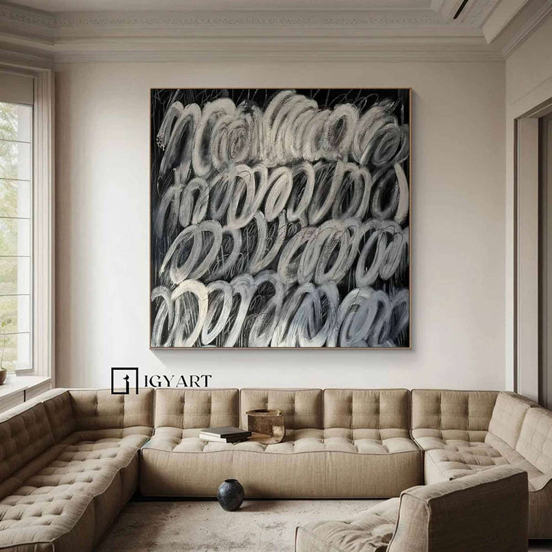 Large Black White Abstract Art Black Abstract Painting Black Abstract Painting Boho Living Room Wall Art