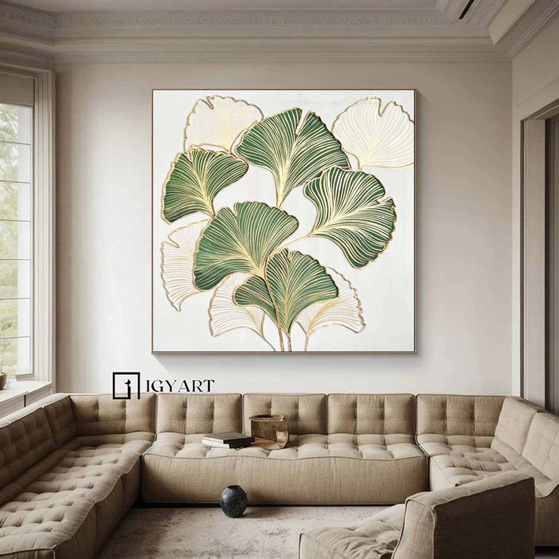 green painting Golden leaf oil painting Green leaf oil painting White and green painting