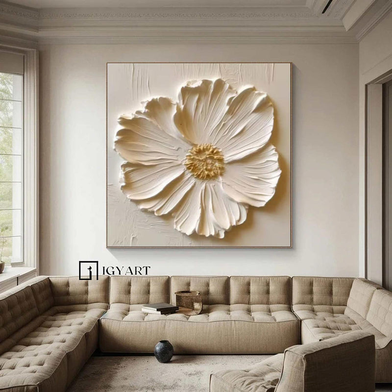 Creamy White 3D Texture Flower Painting Creamy White Minimalist Floral Painting Large 3D White Flower Painting