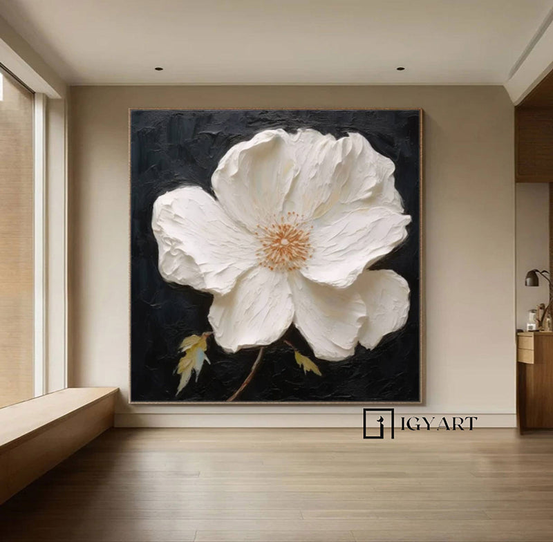 White 3D Texture Flower Painting White Minimalist Floral Painting Boho Living Room Wall Art Daisy Flower Wall Art