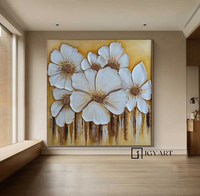 White And Golden Leaf Painting White and gold wall art White and gold Textured abstract Painting