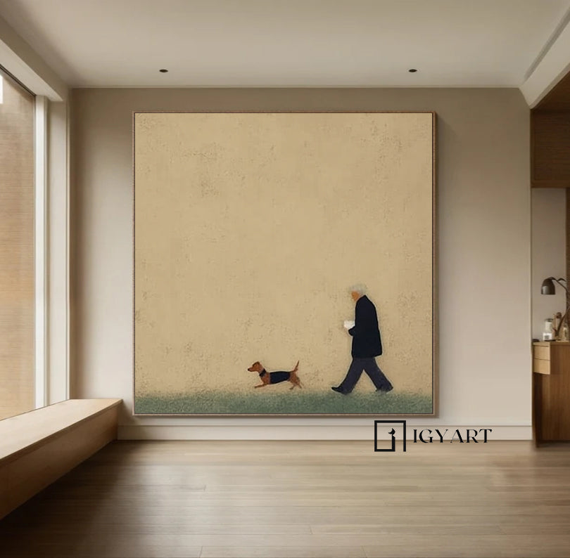 Man and puppy walking Oil Painting Brown Hand-Painted Canvas Art 