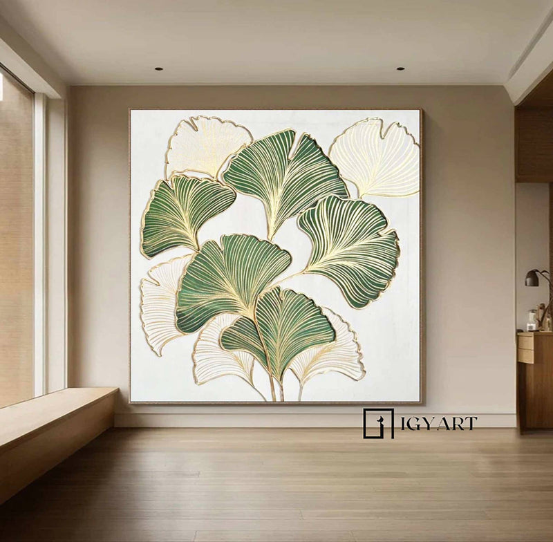 green painting Golden leaf oil painting Green leaf oil painting White and green painting