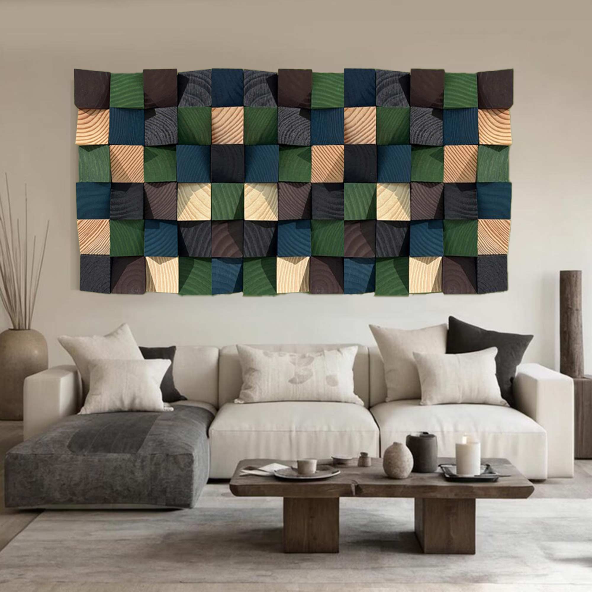 Green Geometric Wood Art Textured Wall Sculpture Wood carving wall art