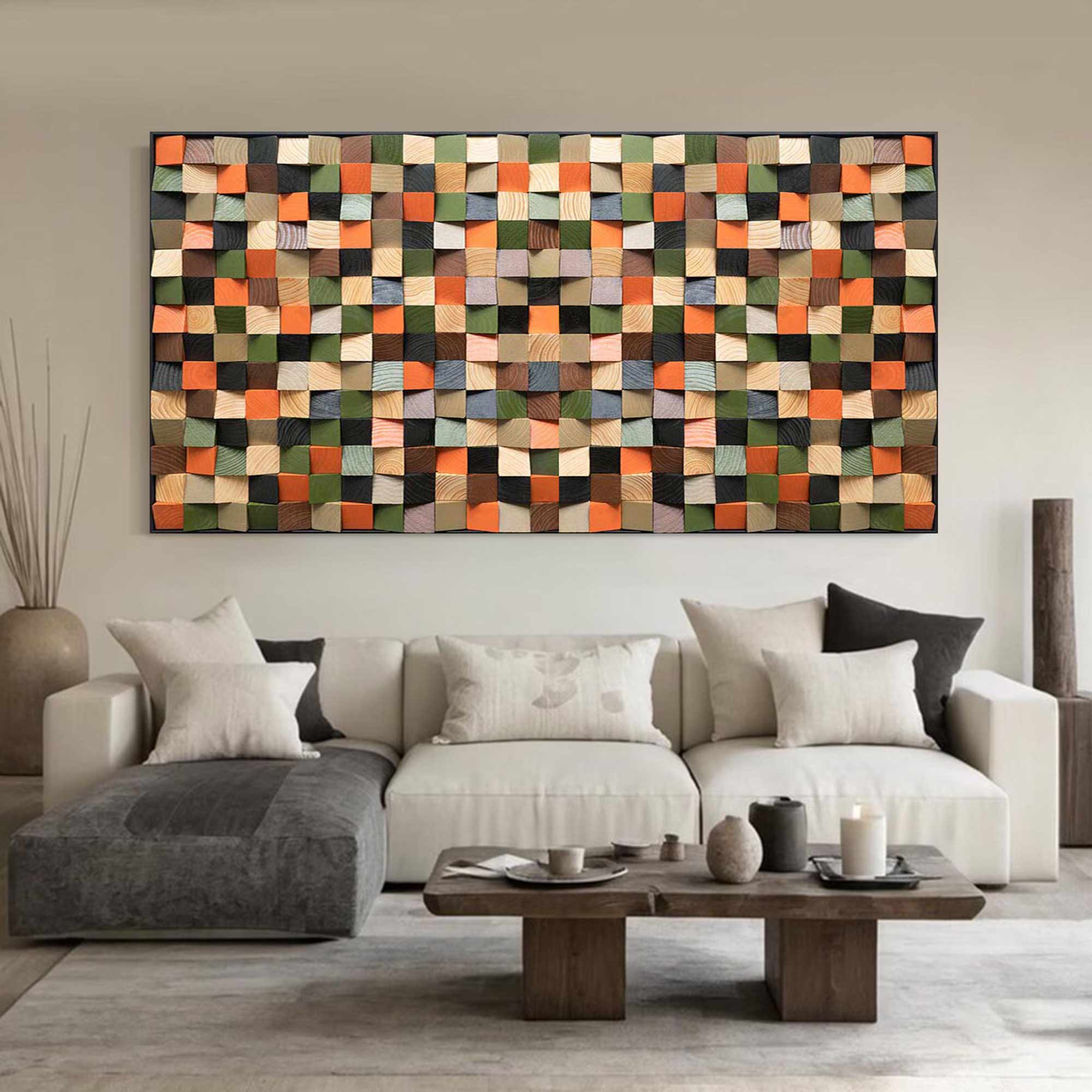 Geometric Wood Wall Art Green Textured Wall art Green Sculptured art