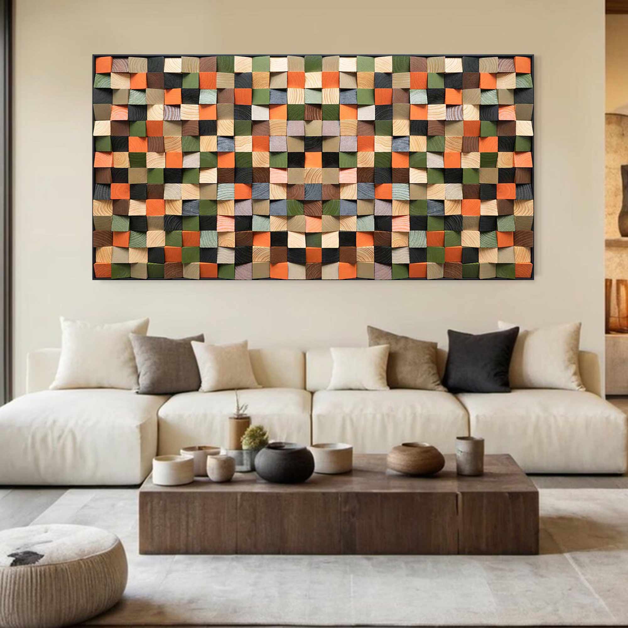 Geometric Wood Wall Art Green Textured Wall art Green Sculptured art