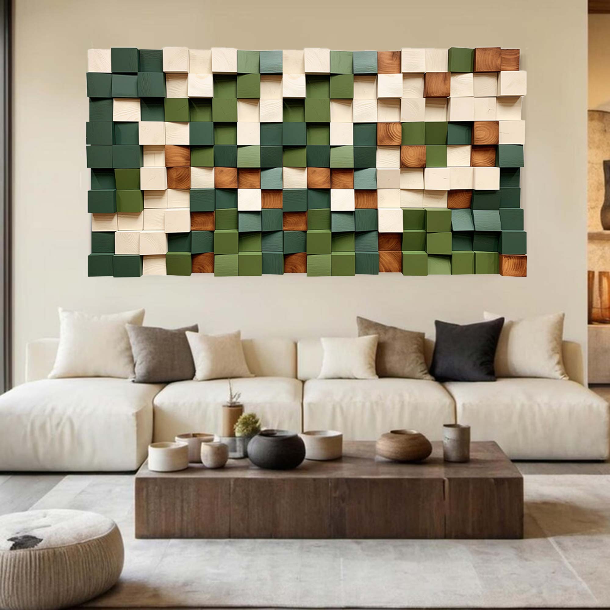 Green Geometric Wood Art Textured Wall Sculpture Wood carving wall art