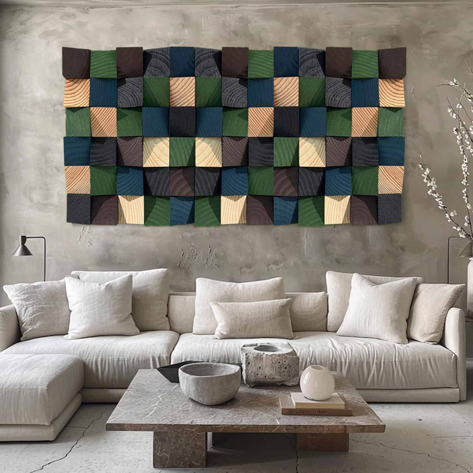 Green Geometric Wood Art Textured Wall Sculpture Wood carving wall art