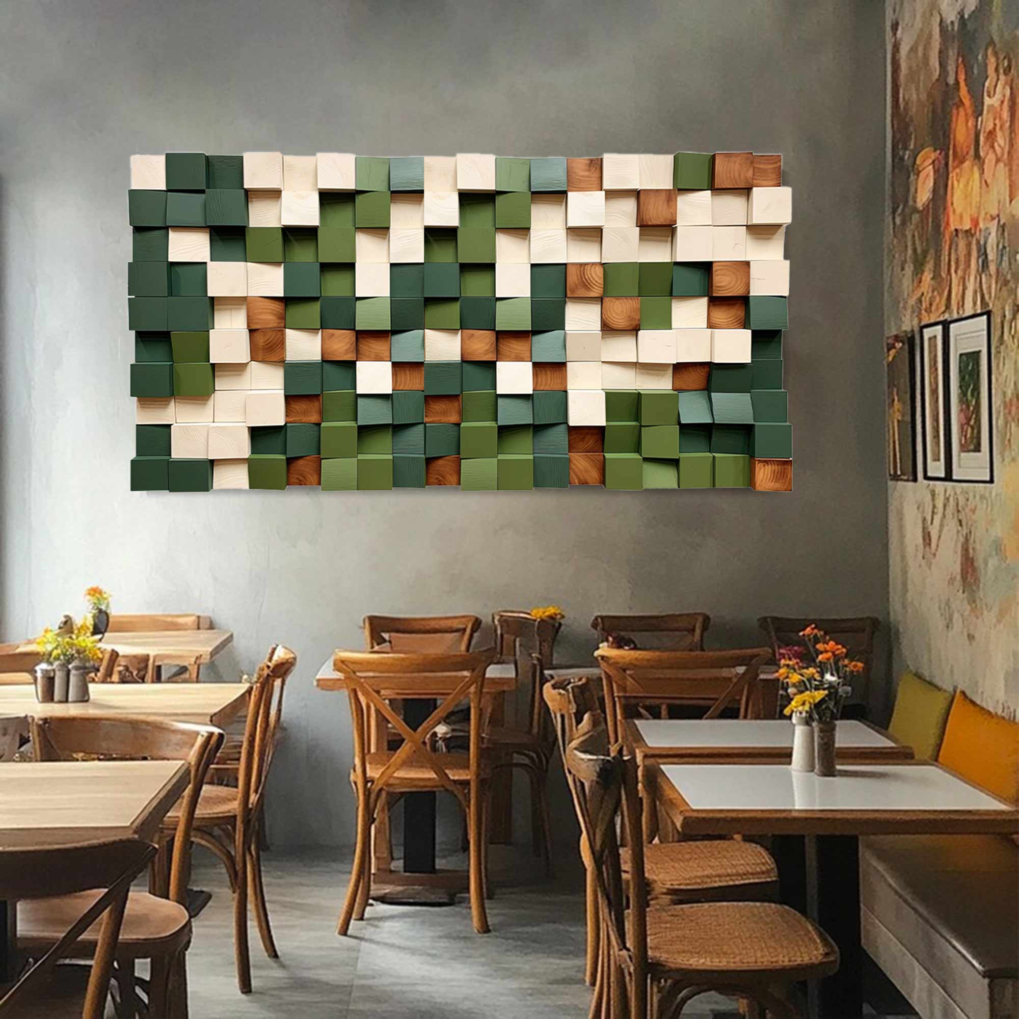 Green Geometric Wood Art Textured Wall Sculpture Wood carving wall art