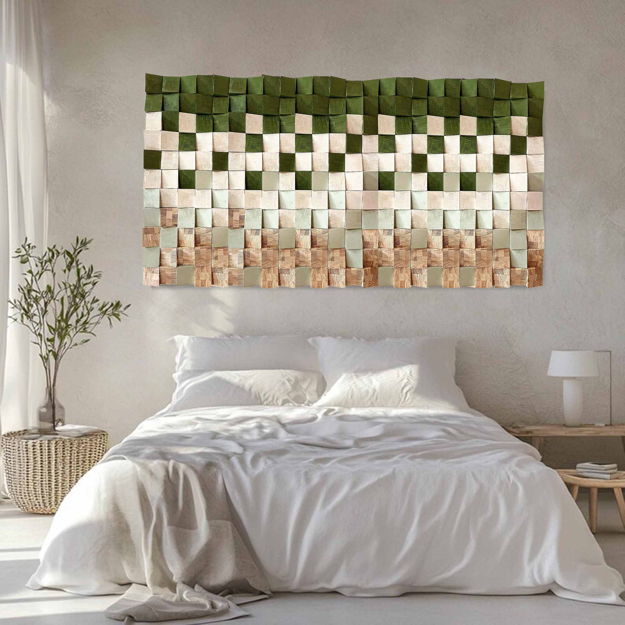 Green Geometric Wood Art Textured Wall Sculpture Wood carving wall art
